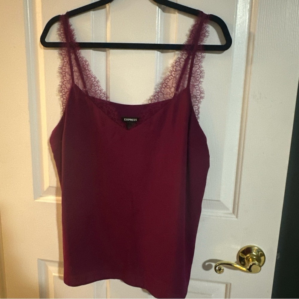 Express Cami Womens Satin Lace Trim Loose V Neck Tank Top Pullover Fuchsia